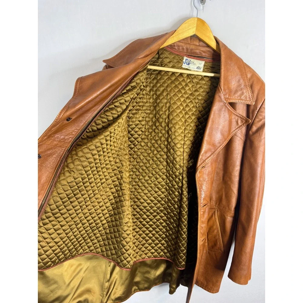 Vintage Johnstone Walker Mens Brown Leather Blazer Jacket Quilted Liner 48 XL